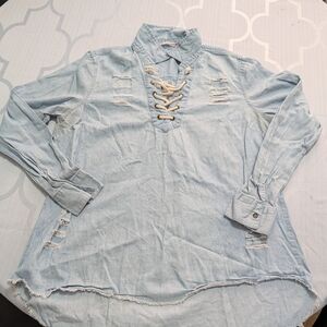 Casual Light Blue Lace-Up Denim Shirt
